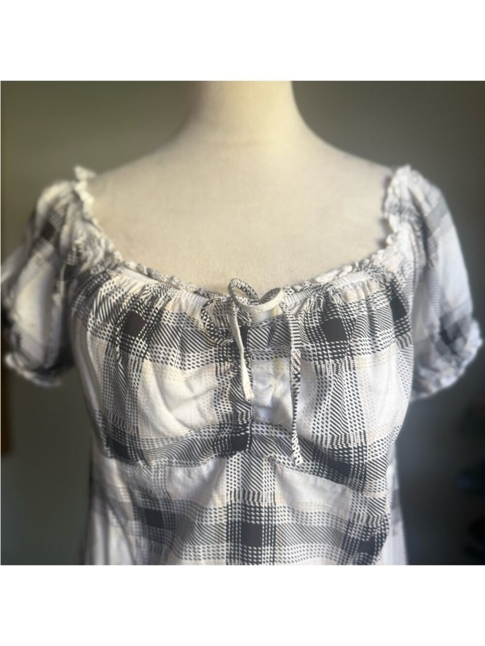 Cottage core boho Black White Plaid Mini Dress-puff sleeves pull‎ over xl Y2K